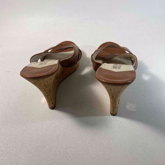 Michael Michael Kors Leather Sandals Brown Criss Cross Strap Cork Wedge Platform - Picture 2 of 6